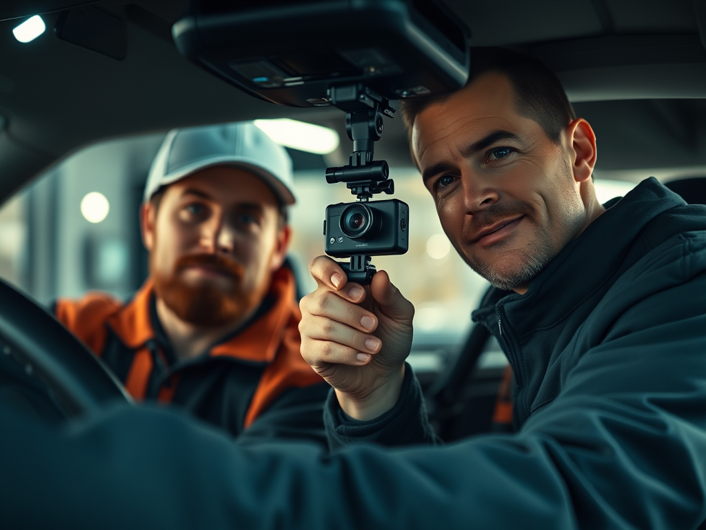 Mechaniker, die eine Dashcam in ein Fahrzeug einbauen